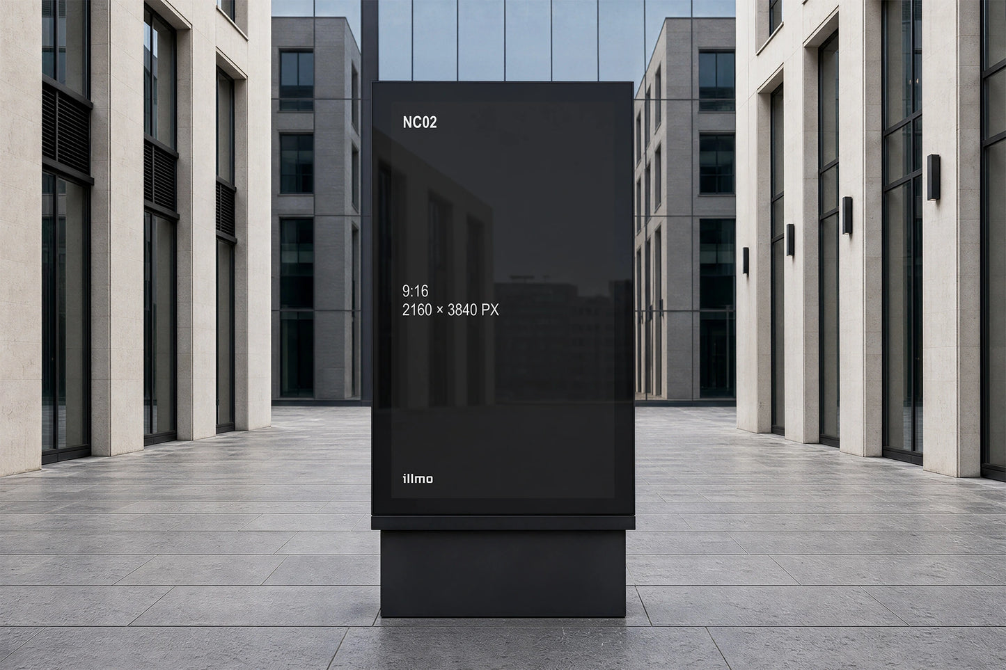 Digital signage mockup presented in a realistic public setting with a black placeholder screen.