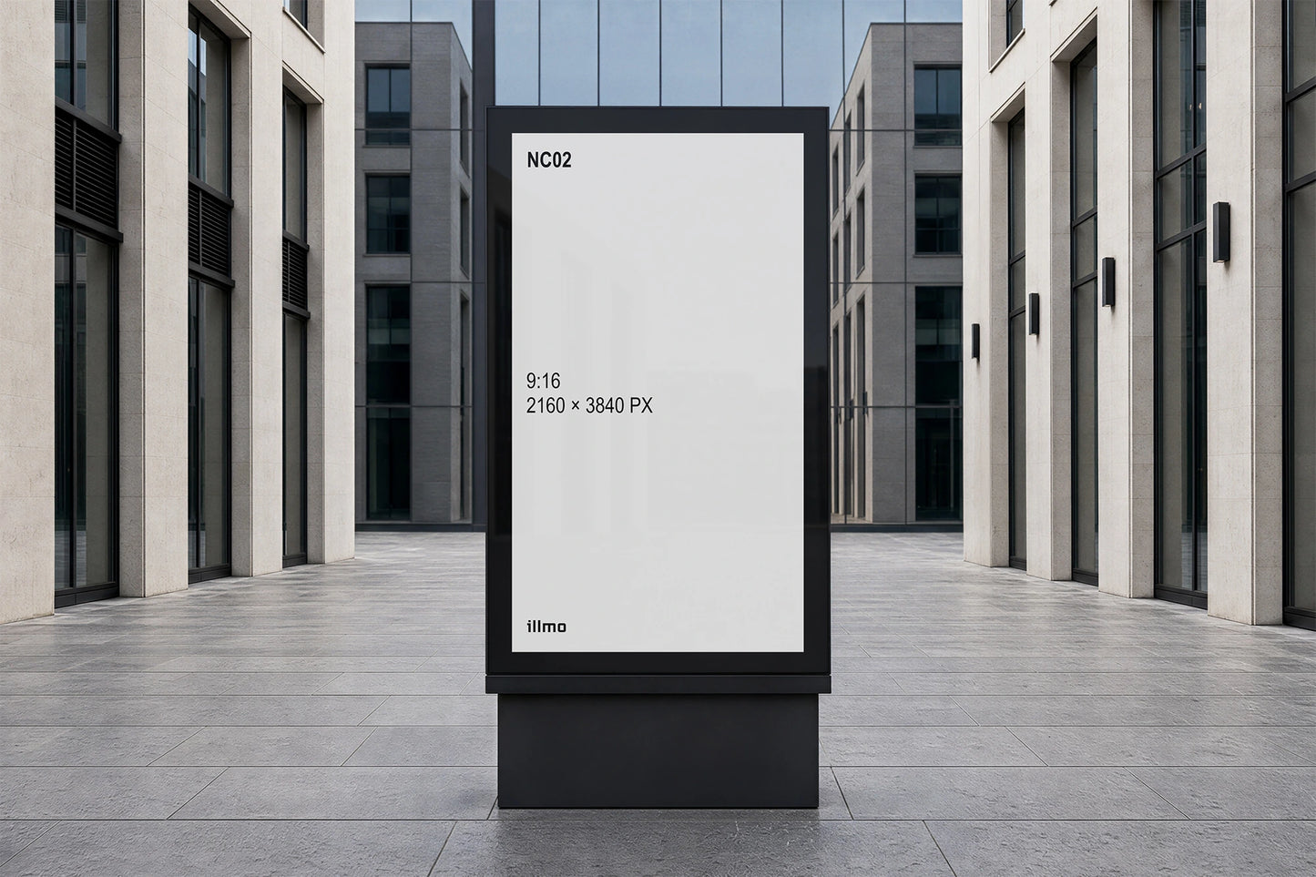 Digital signage mockup presented in a realistic public setting with a white placeholder screen.