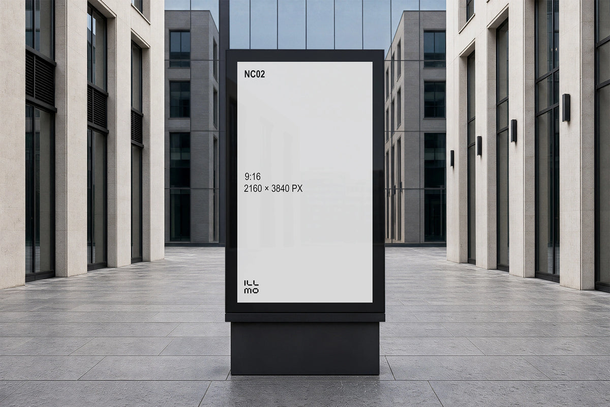 Digital signage mockup presented in a realistic public setting with a white placeholder screen.