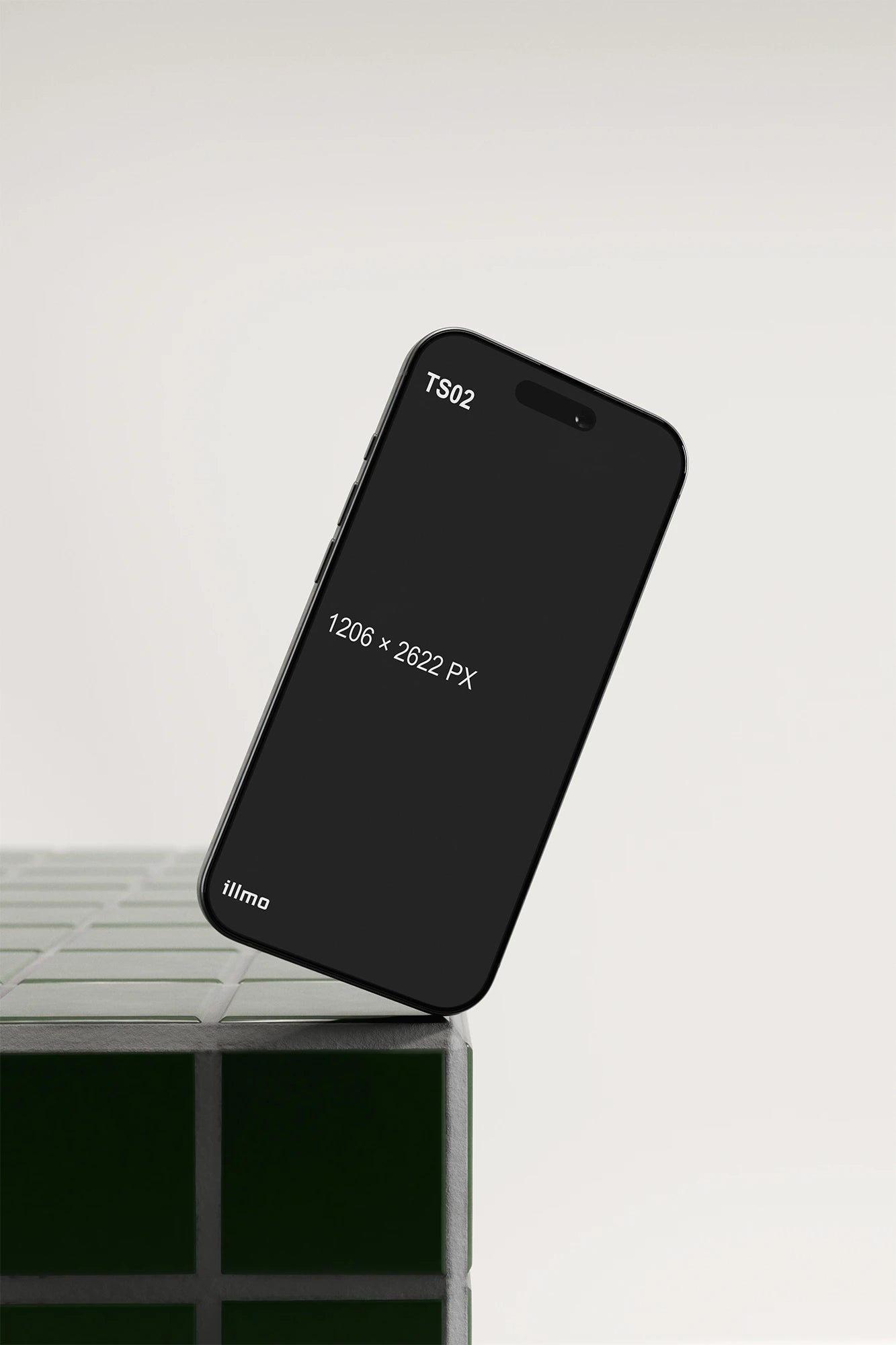 iPhone mockup on a green tile table with a black UI placeholder for web and desktop UI presentation, angled view