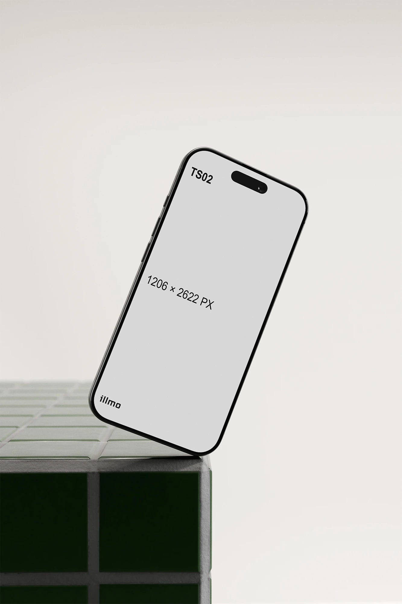 iPhone mockup on a green tile table with a white UI placeholder for web and desktop UI presentation, angled view