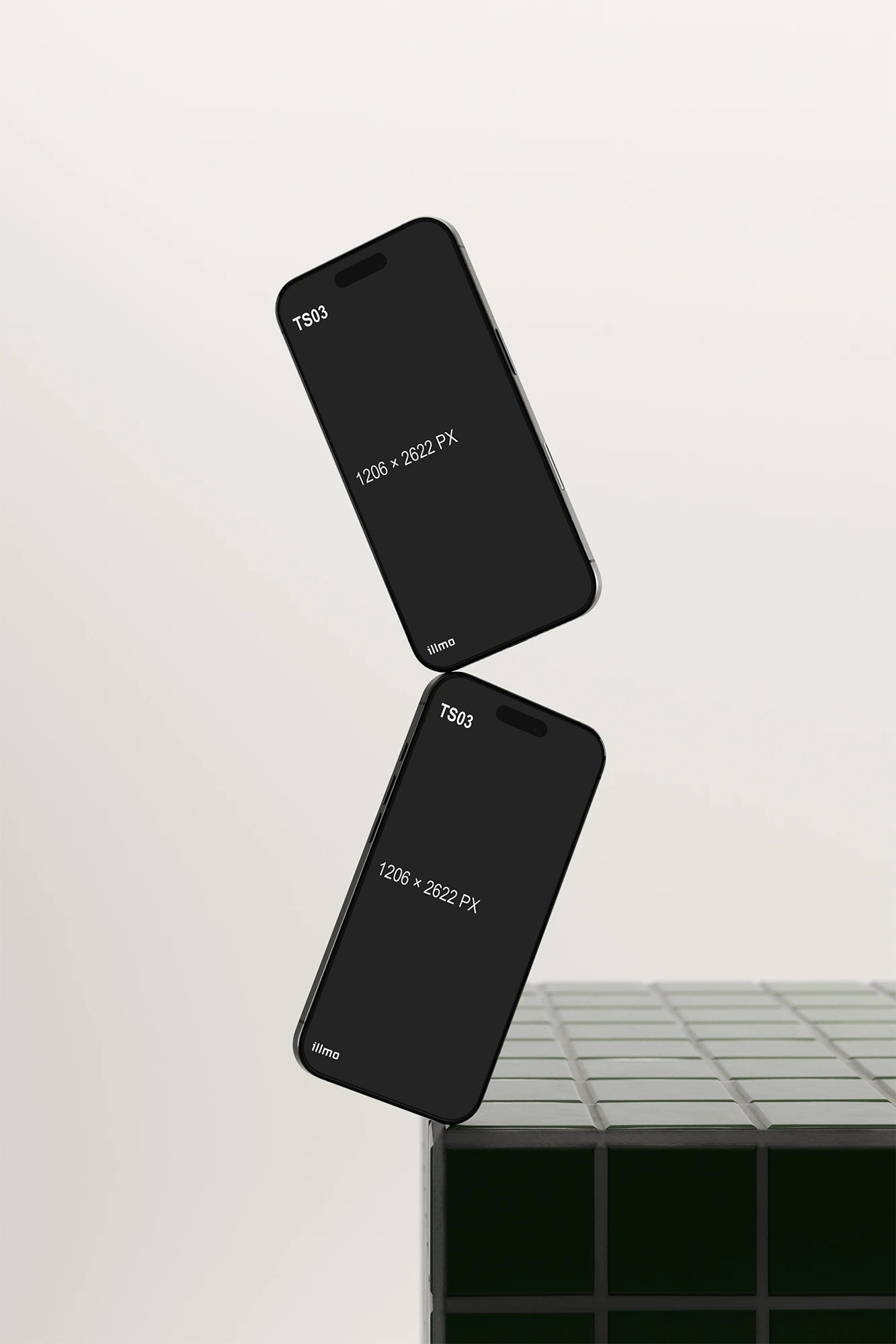 Two floating iPhone mockups on green tile surface with dark UI for app and UI design presentation