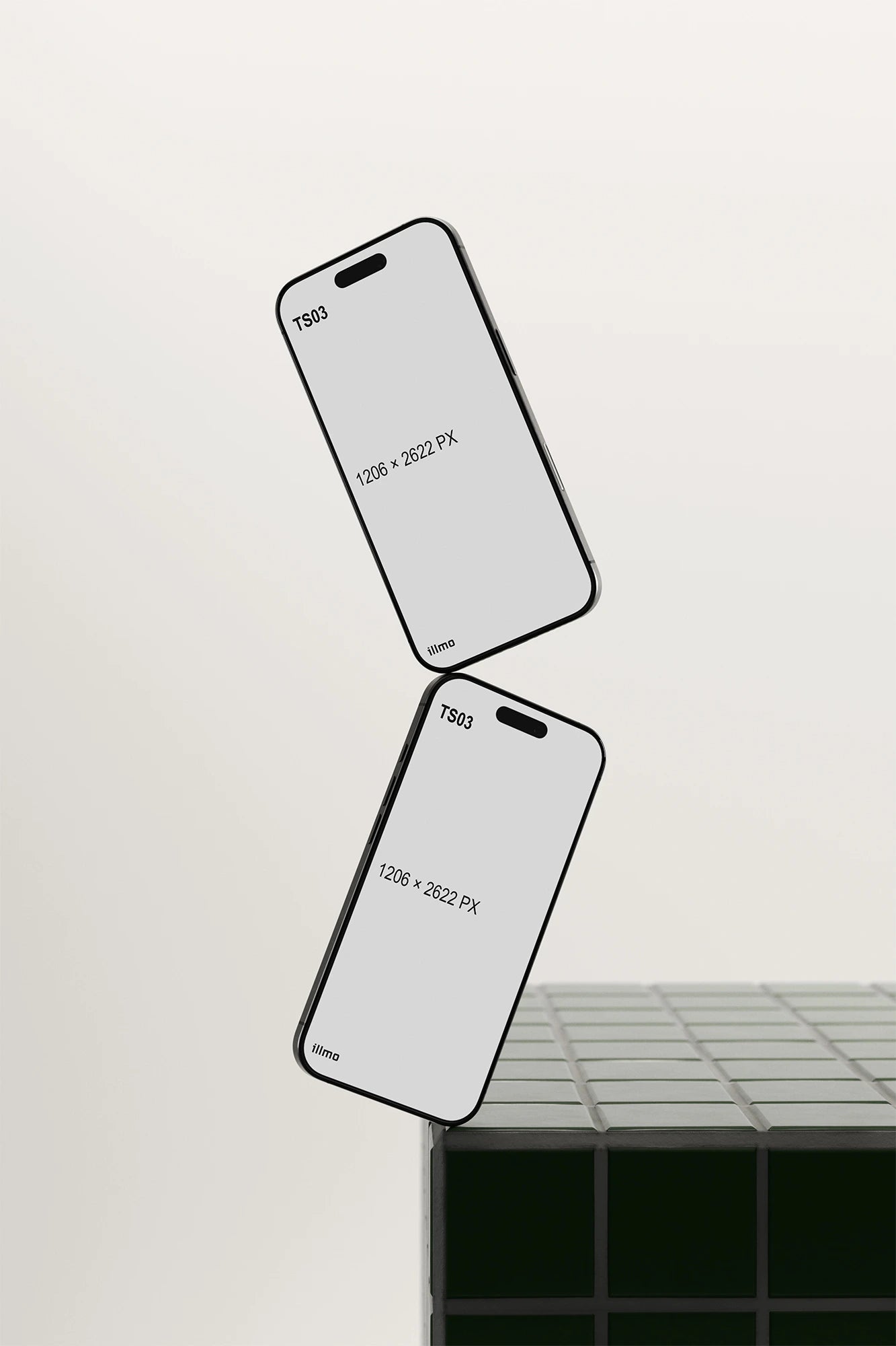 Two floating iPhone mockups on green tile surface with white UI for app and UI design presentation