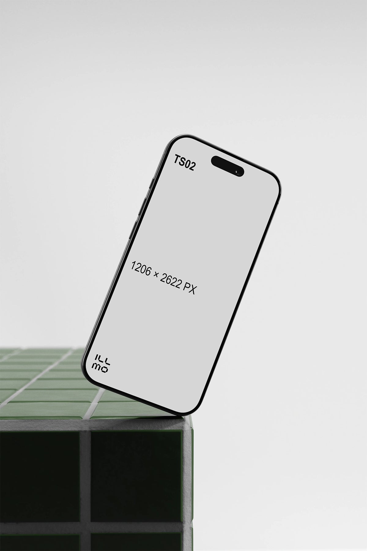 iPhone mockup on a green tile table with a white UI placeholder for web and desktop UI presentation, angled view