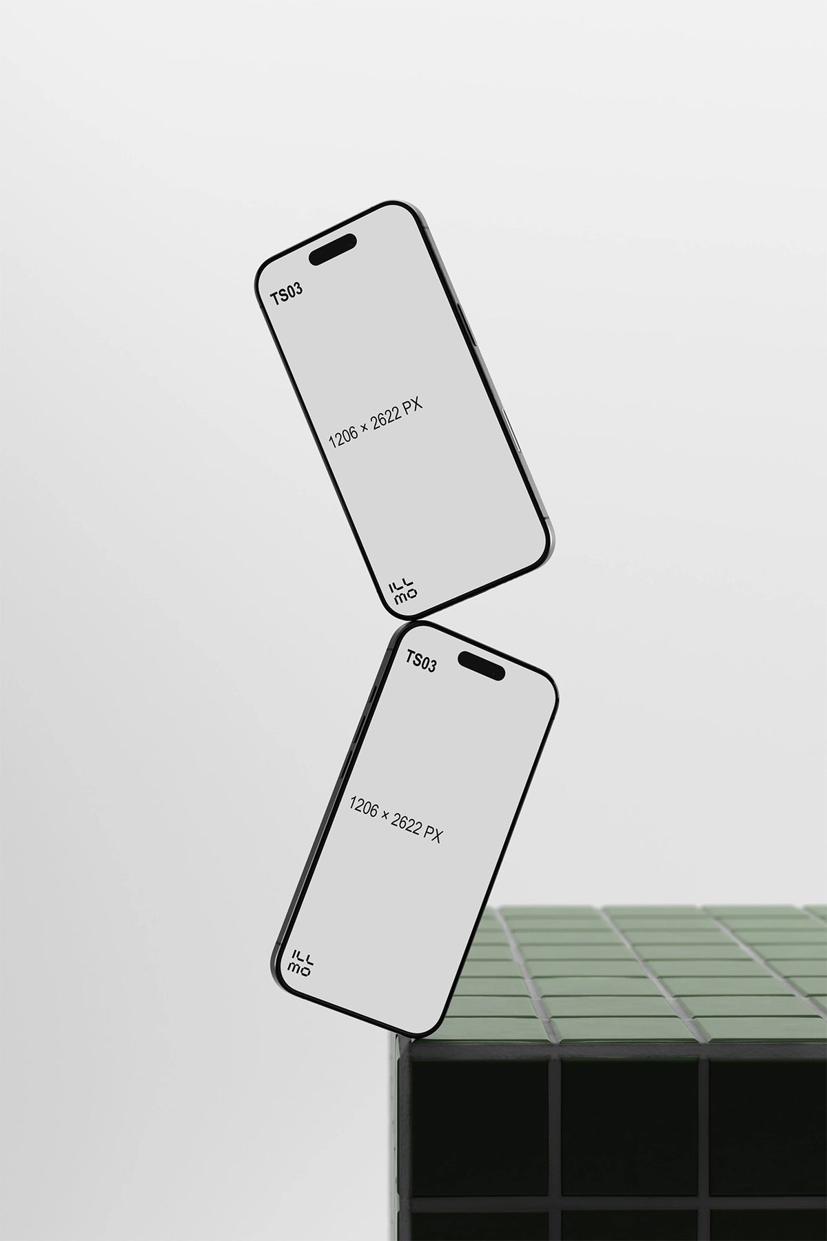 Two iphone mockups on a green tile table with a white UI placeholder for web and desktop UI presentation, angled view