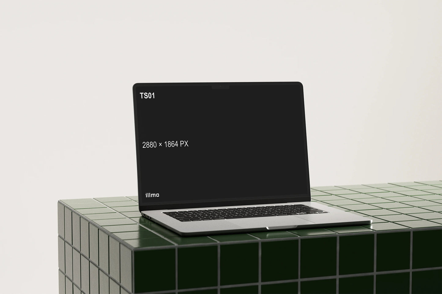 Laptop mockup on a green tile table with a black UI placeholder for web and desktop UI presentation, angled view