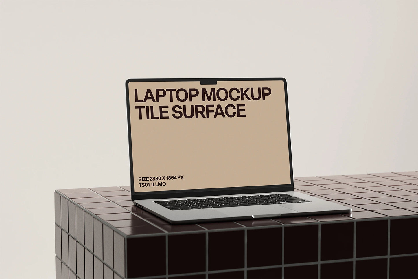 Laptop mockup on burgundy tile table with beige UI placeholder for web and desktop UI presentation, angled view