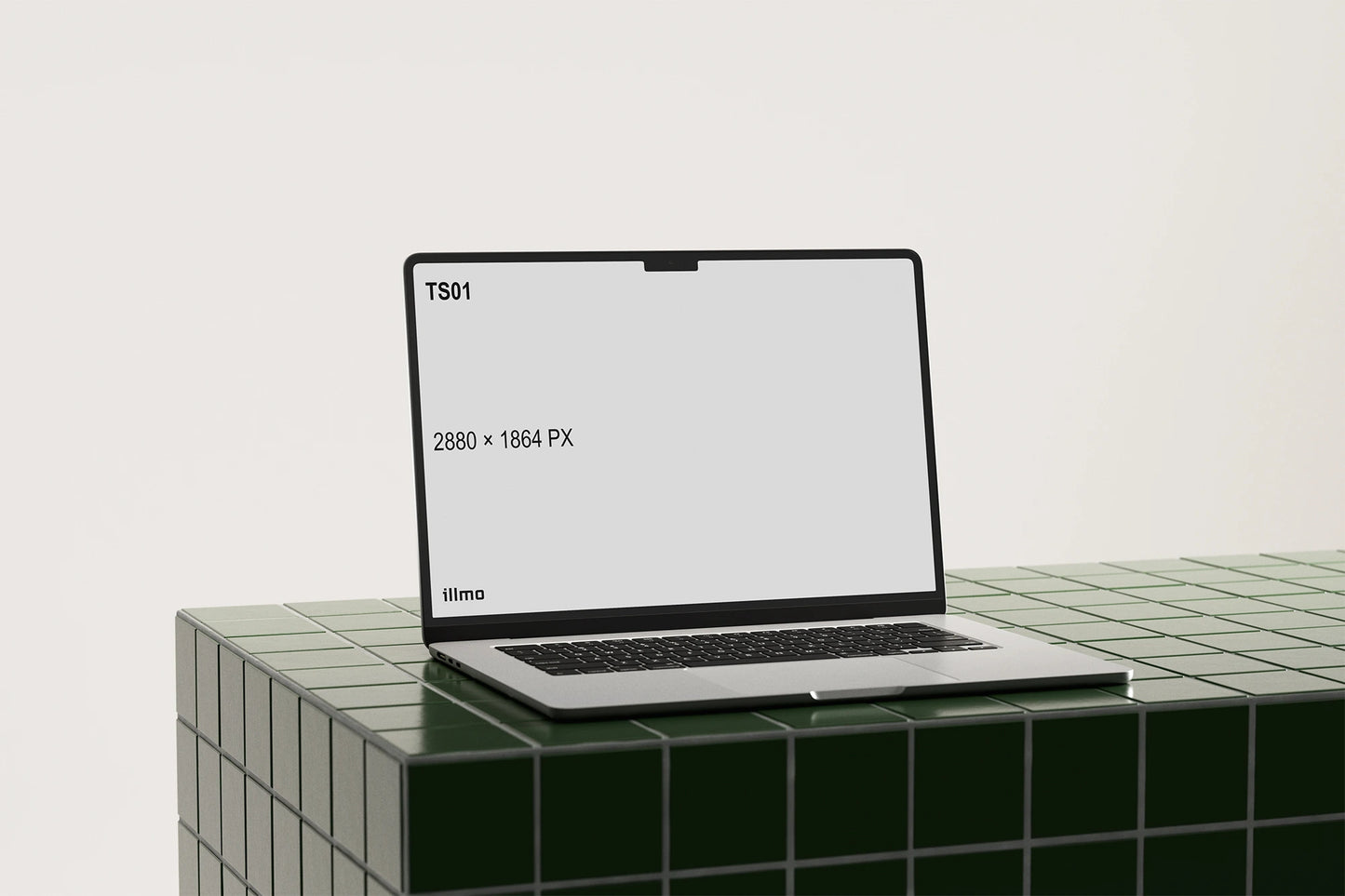 Laptop mockup on a green tile table with a white UI placeholder for web and desktop UI presentation, angled view