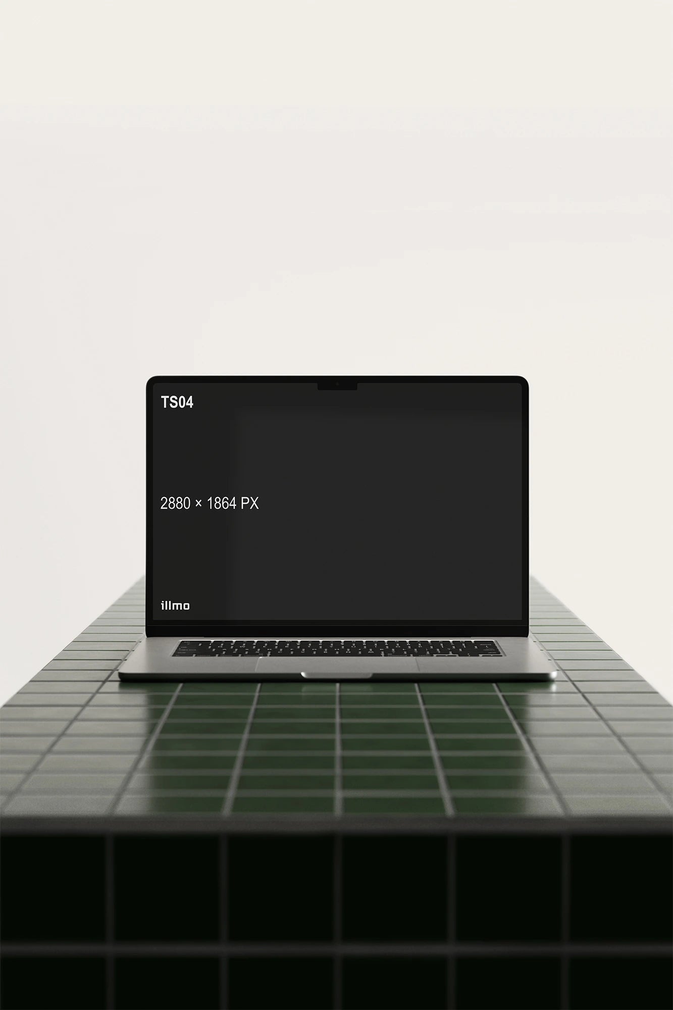 Laptop mockup on green tile table with black UI placeholder for web and desktop UI presentation, front view