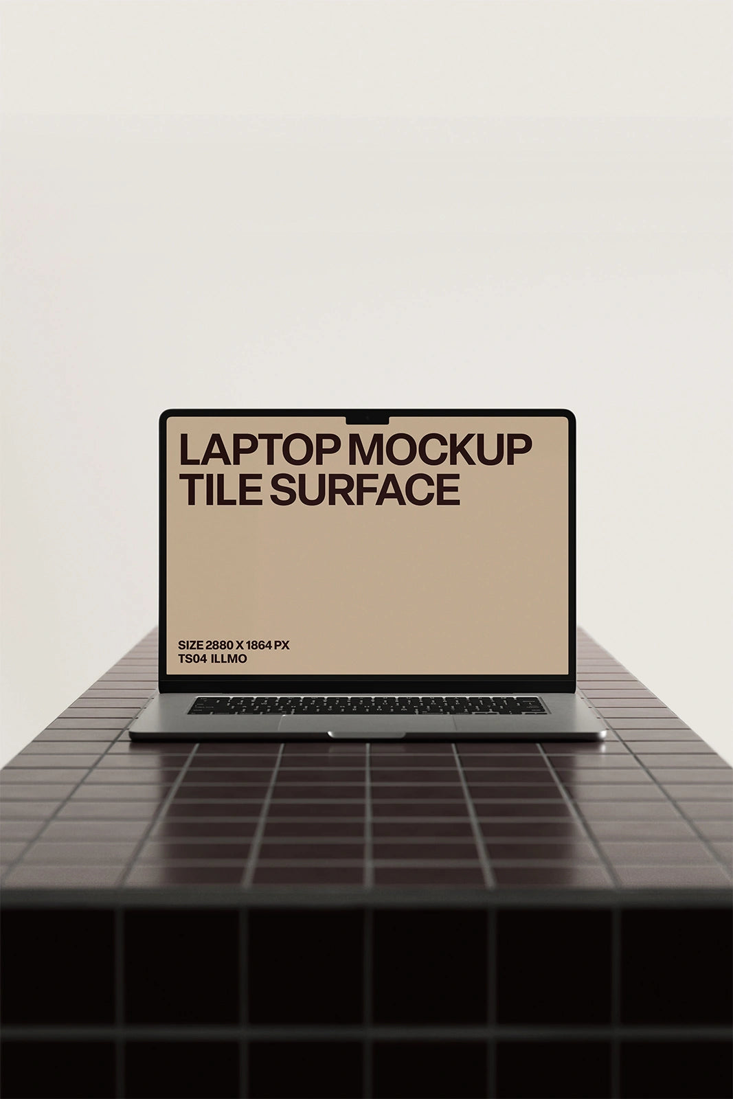 Laptop mockup on burgundy tile table with beige UI placeholder for web and desktop UI presentation, front view