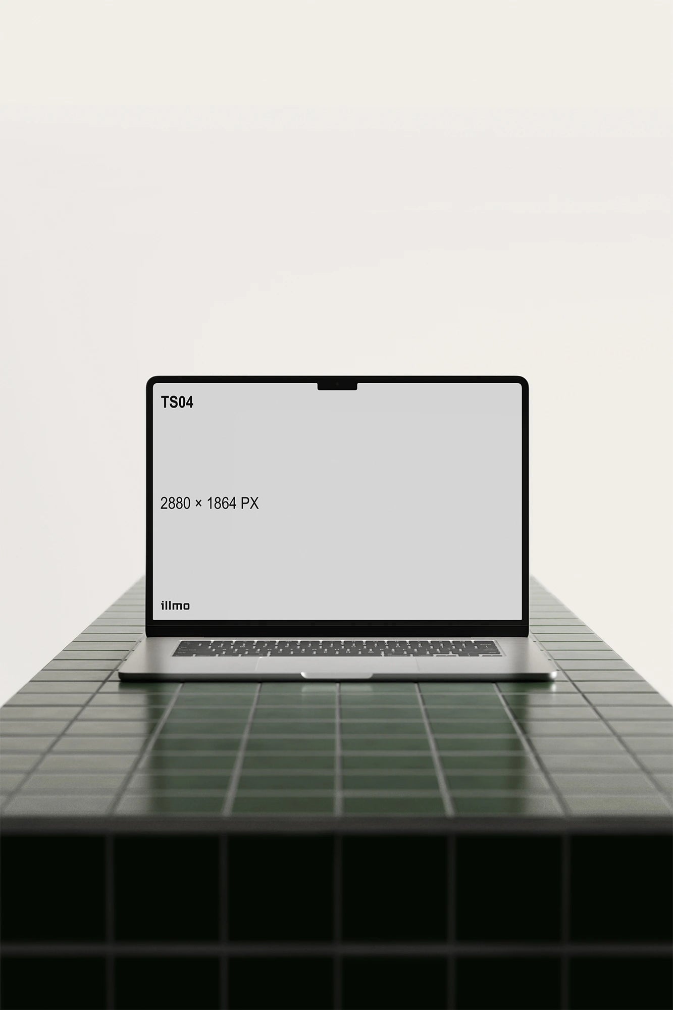 Laptop mockup on green tile table with white UI placeholder for web and desktop UI presentation, front view