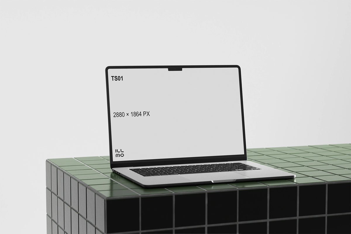 Laptop mockup on a green tile table with a white UI placeholder for web and desktop UI presentation, angled view