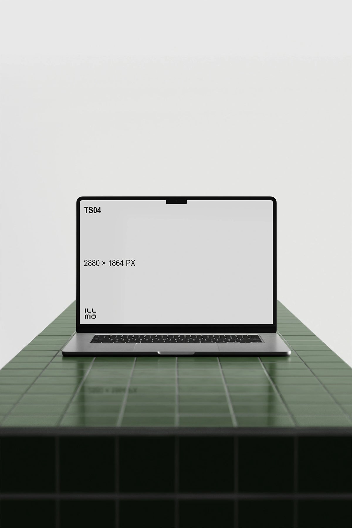 Laptop mockup on a green tile table with a white UI placeholder for web and desktop UI presentation, front view