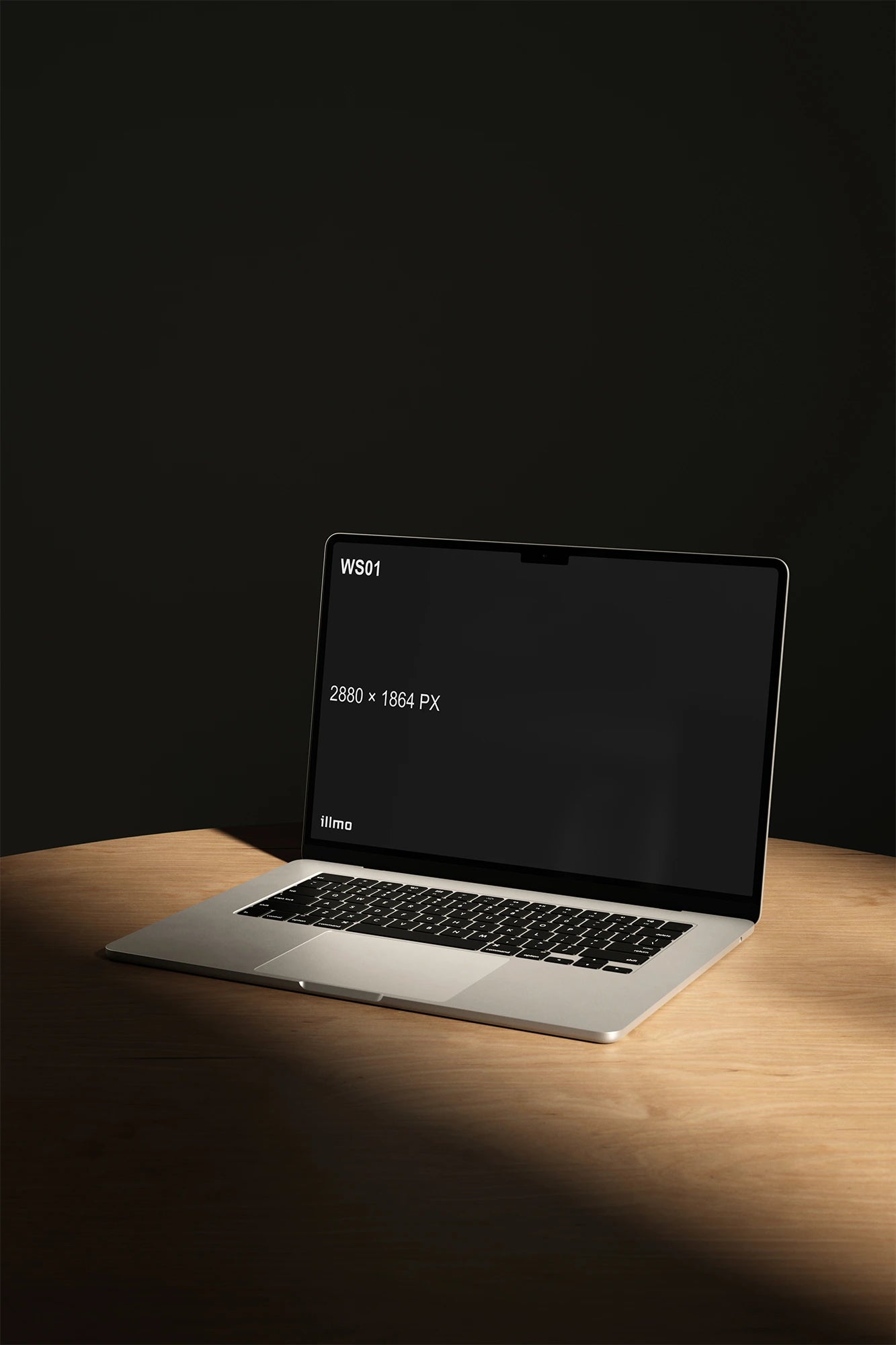 Laptop mockup on wooden desk with dark UI placeholder for web and desktop UI presentation, angled view