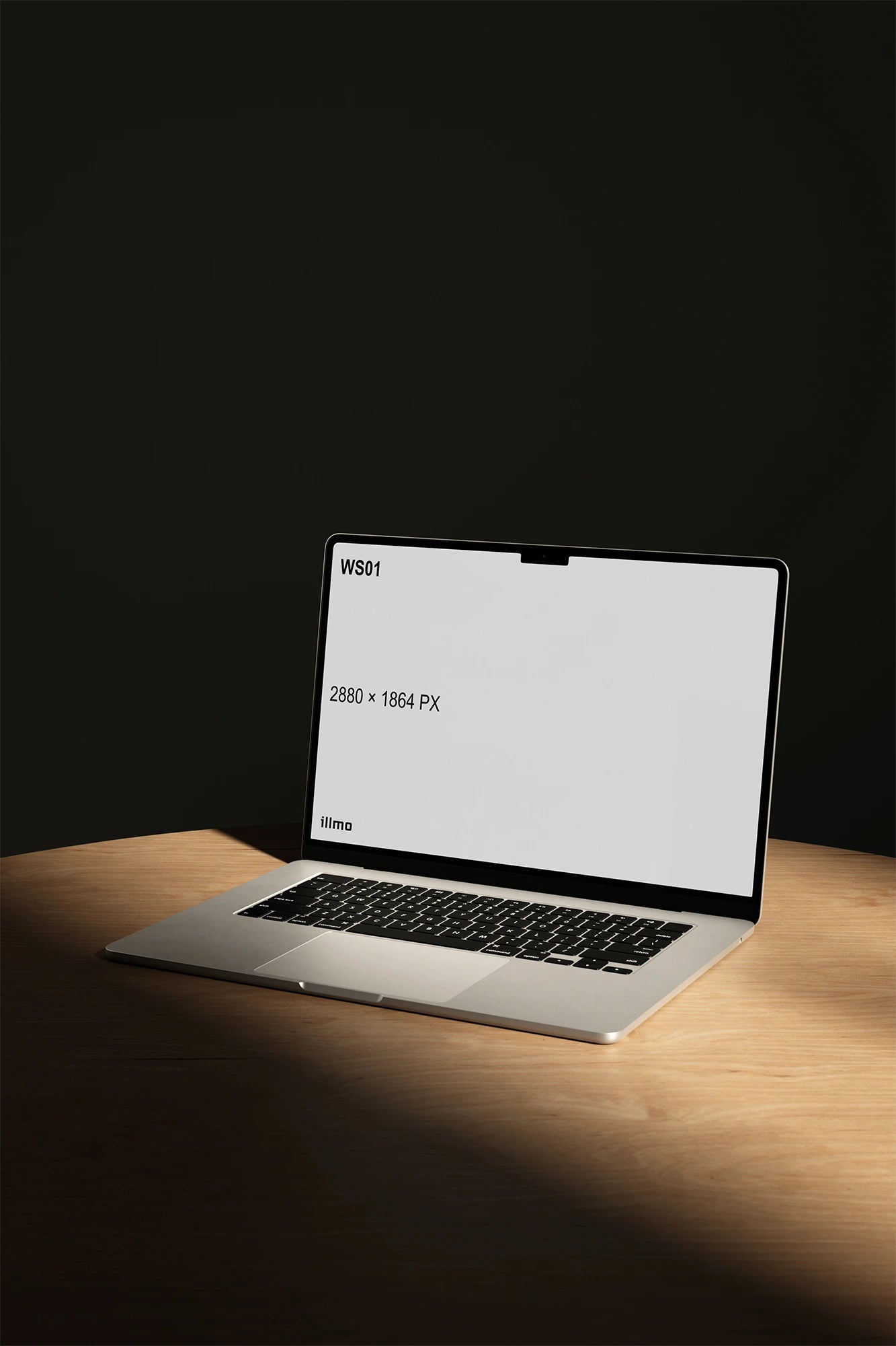 Laptop mockup on wooden desk with light UI placeholder for web and desktop UI presentation, angled view