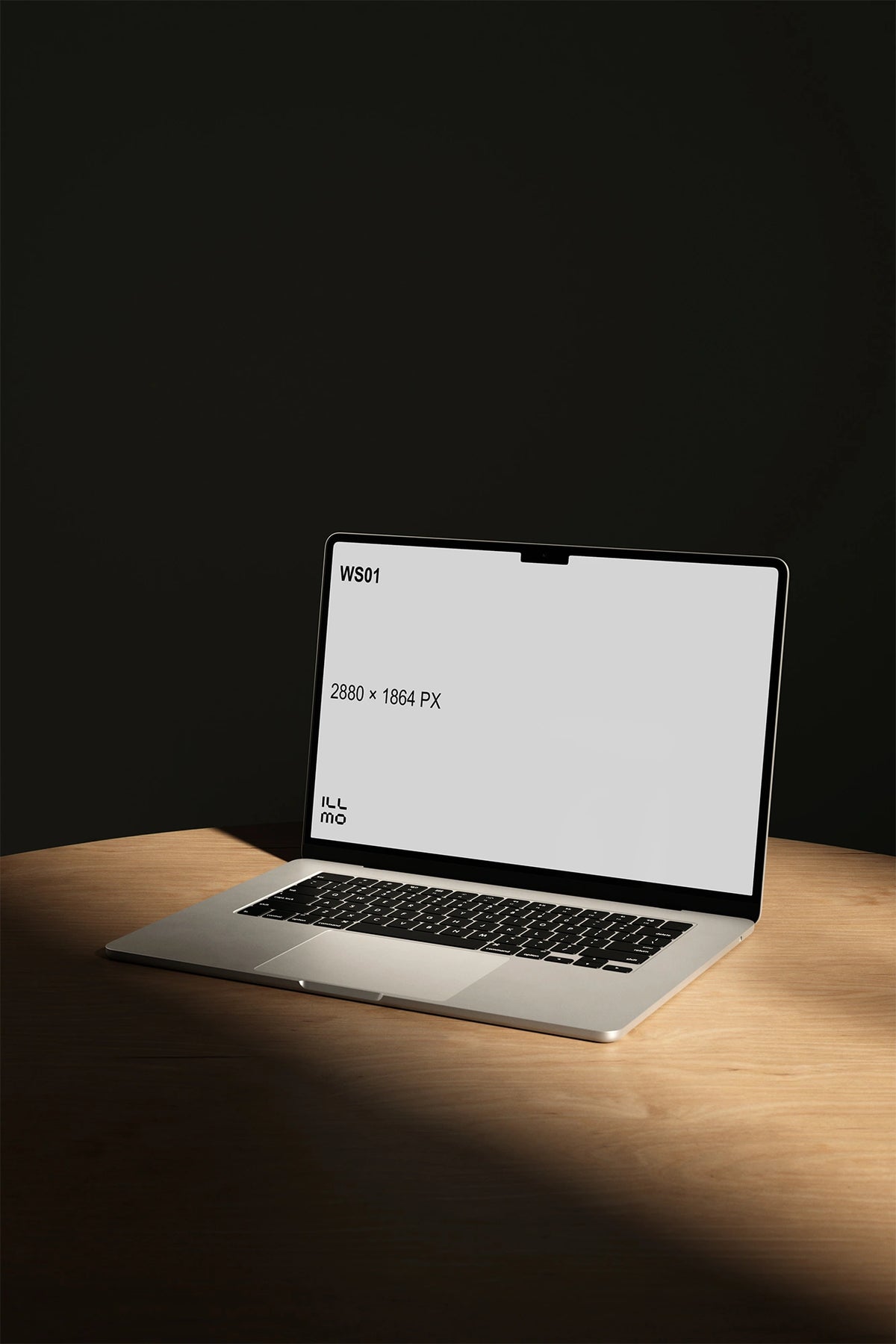 Laptop mockup on wooden desk with light UI placeholder for web and desktop UI presentation, angled view