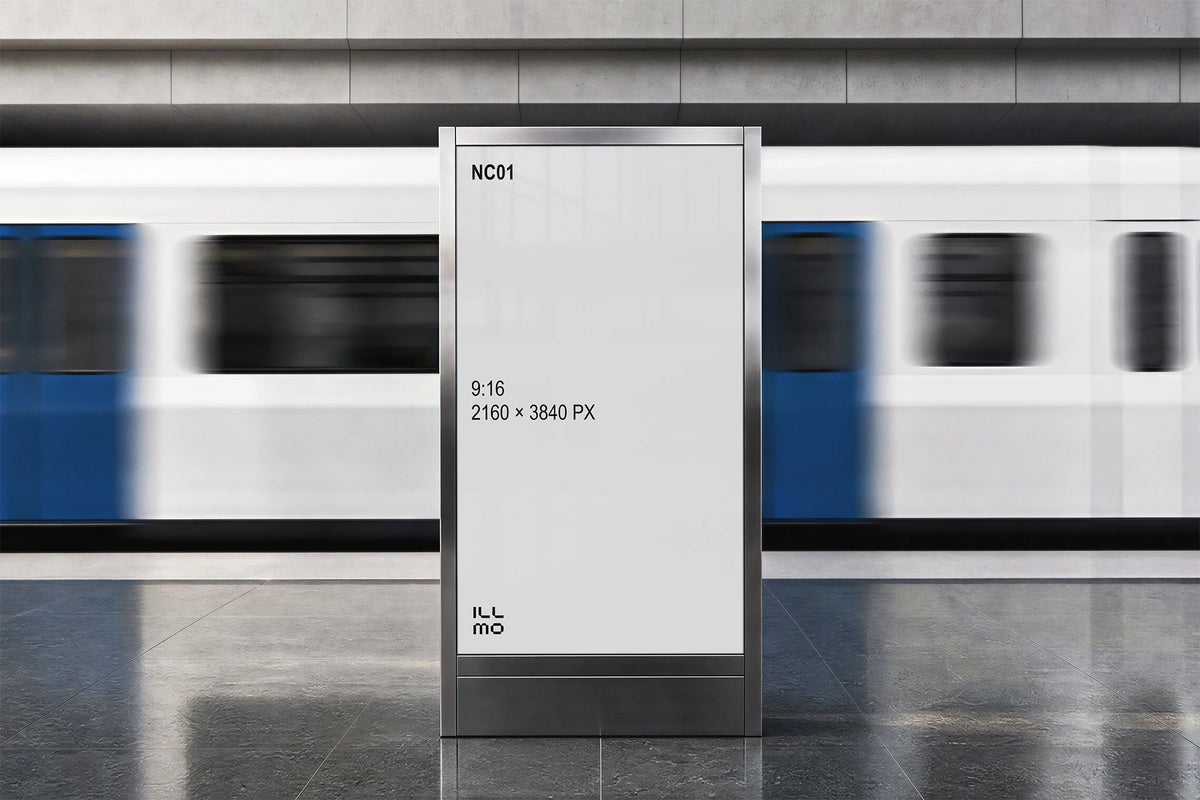 Subway station digital screen mockup with a white placeholder.