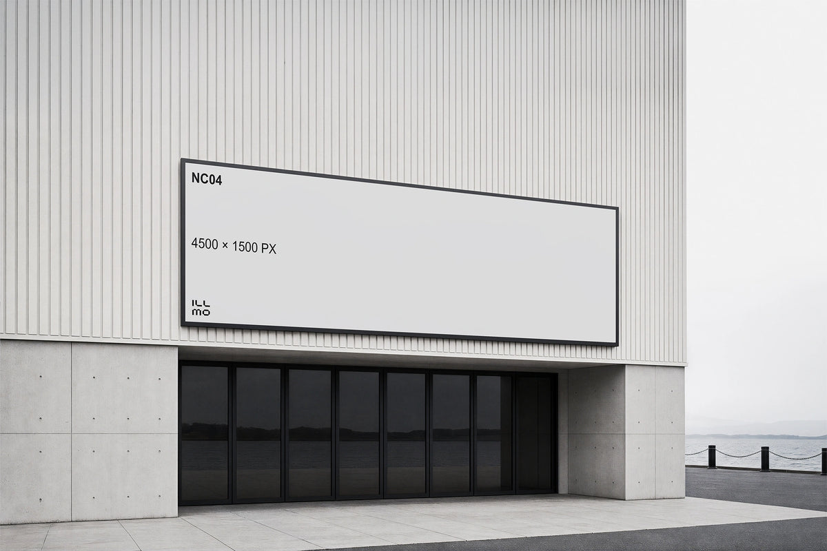 Digital billboard screen mockup with white placeholder mounted on the exterior of a modern gray building.