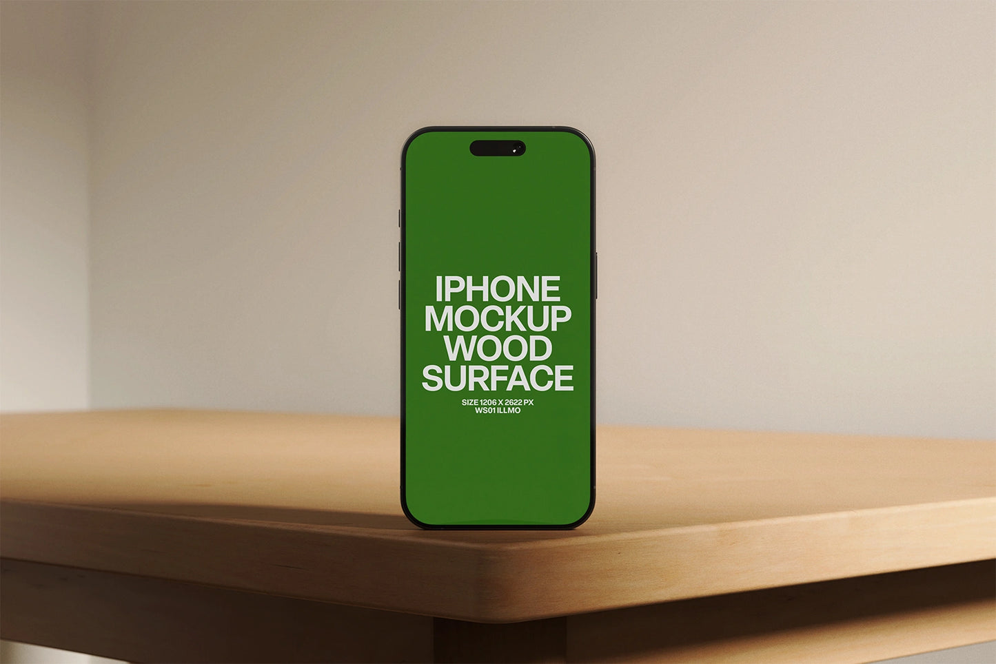 iPhone mockup on wooden desk surface with dark UI placeholder for mobile app presentation, front view
