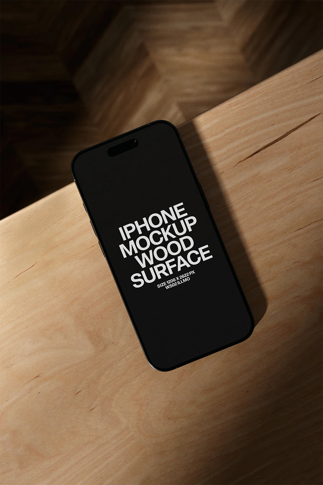 iPhone mockup on wood surface workspace with dark UI placeholder for app design preview, angled view