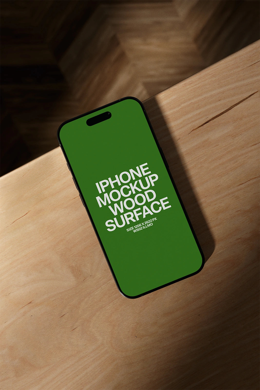 iPhone mockup on wood surface workspace with green UI placeholder for app design preview, angled view