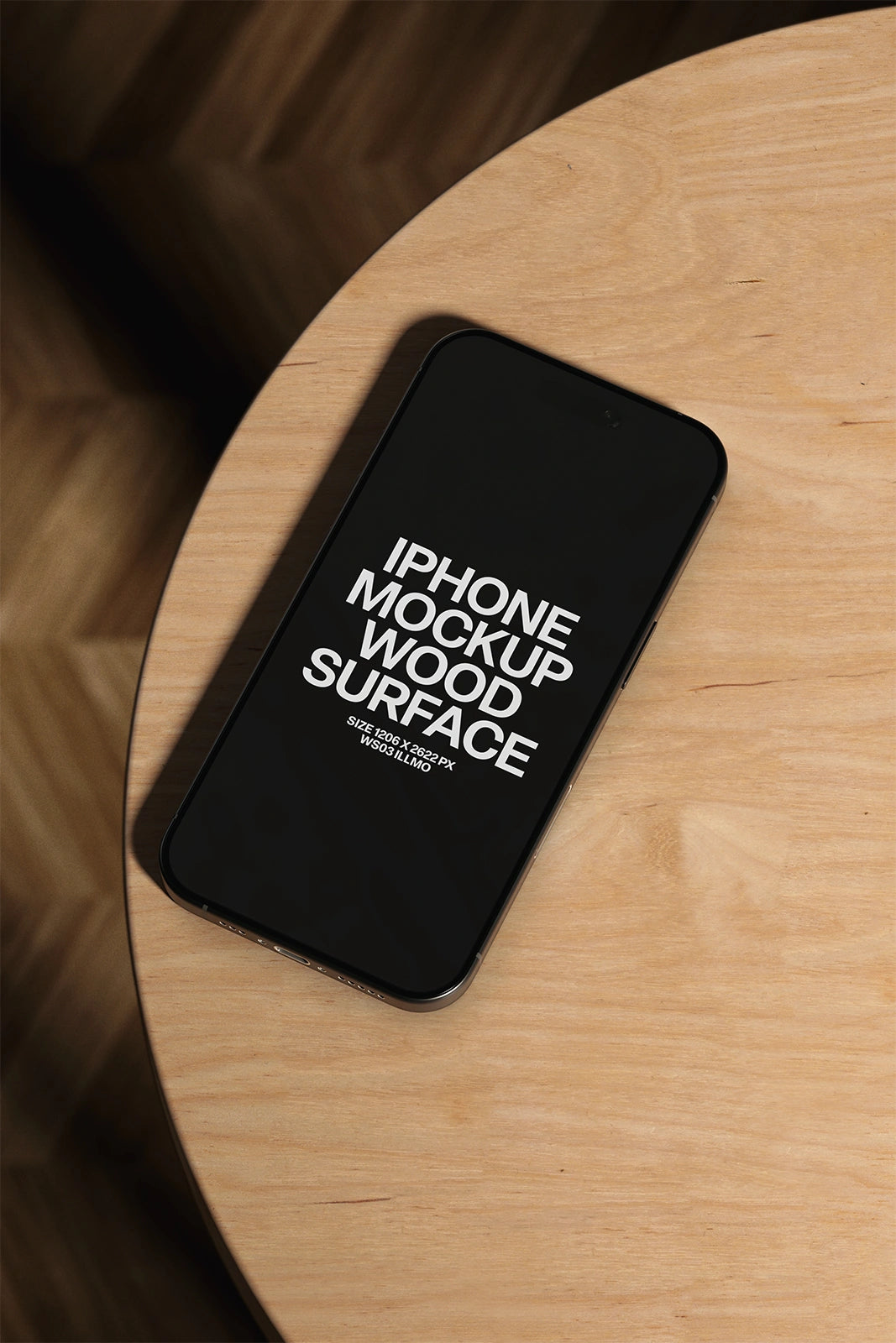 iPhone mockup on wooden desk with dark UI placeholder for iOS UI presentation, close up view