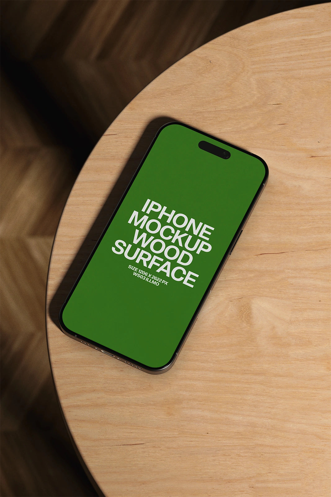iPhone mockup on wooden desk with green UI placeholder for iOS UI presentation, close up view
