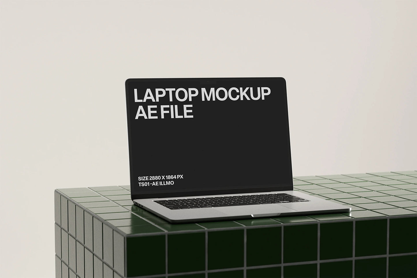 Laptop mockup on a deep green tile surface with editable screen content for video and UI presentations, angled view