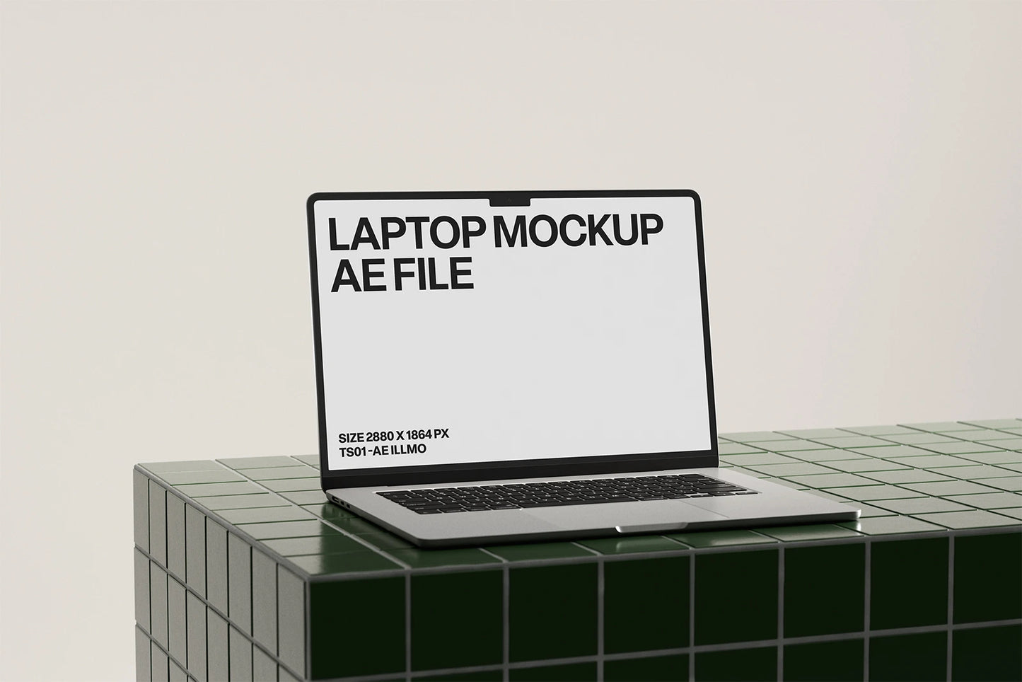 Laptop mockup on deep green tile surface with replaceable screen, angled view