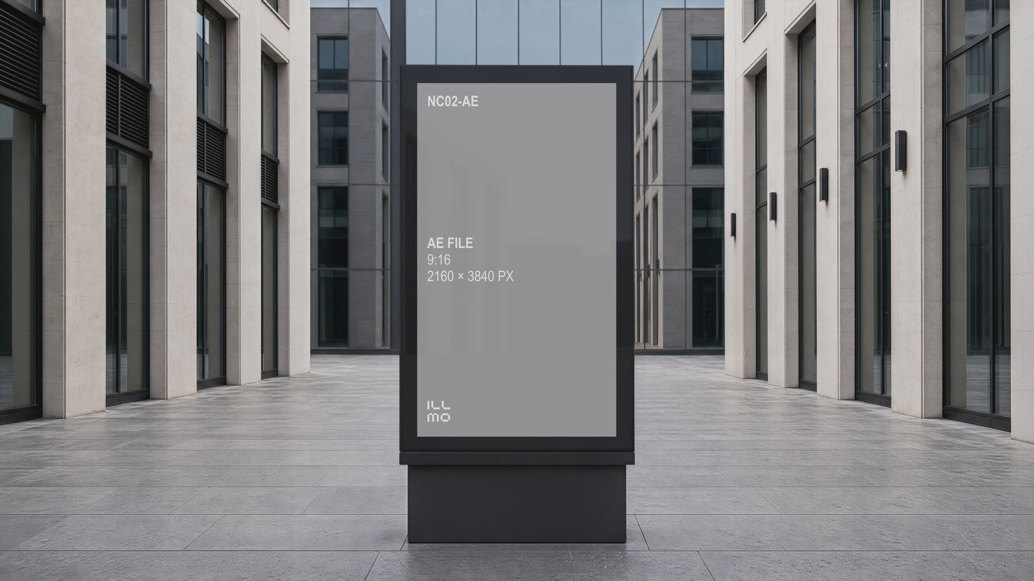 Animated digital signage mockup presented in a realistic public setting with a grey placeholder screen.