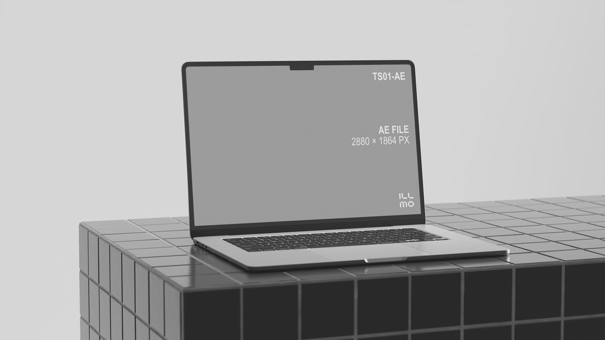Animated After Effects laptop mockup on a gray tiled surface with an editable screen placeholder.