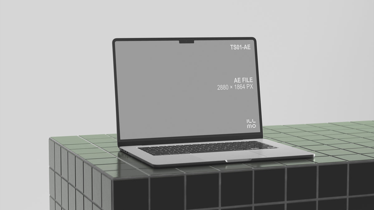 Animated After Effects laptop mockup on a green tiled surface with an editable screen placeholder.