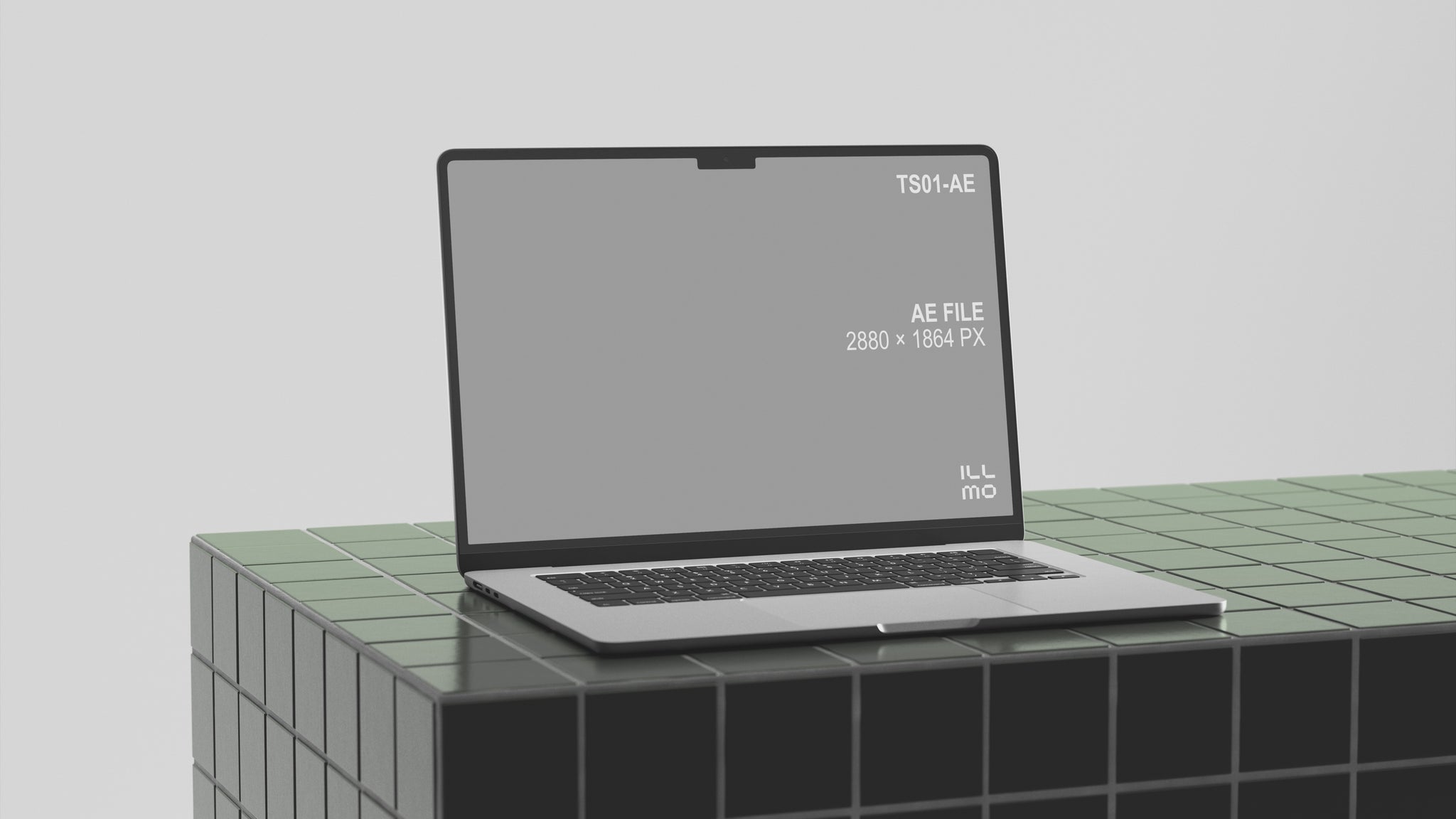 Animated After Effects laptop mockup on a green tiled surface with an editable screen placeholder.